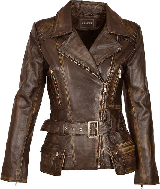Crafter Womens Genuine Lambskin Leather Jacket | Classic rider leather jacket | Black Leather Jacket Women | Womens Leather Jacket (US, Alpha, m, Regular, Regular, Brown Coat)