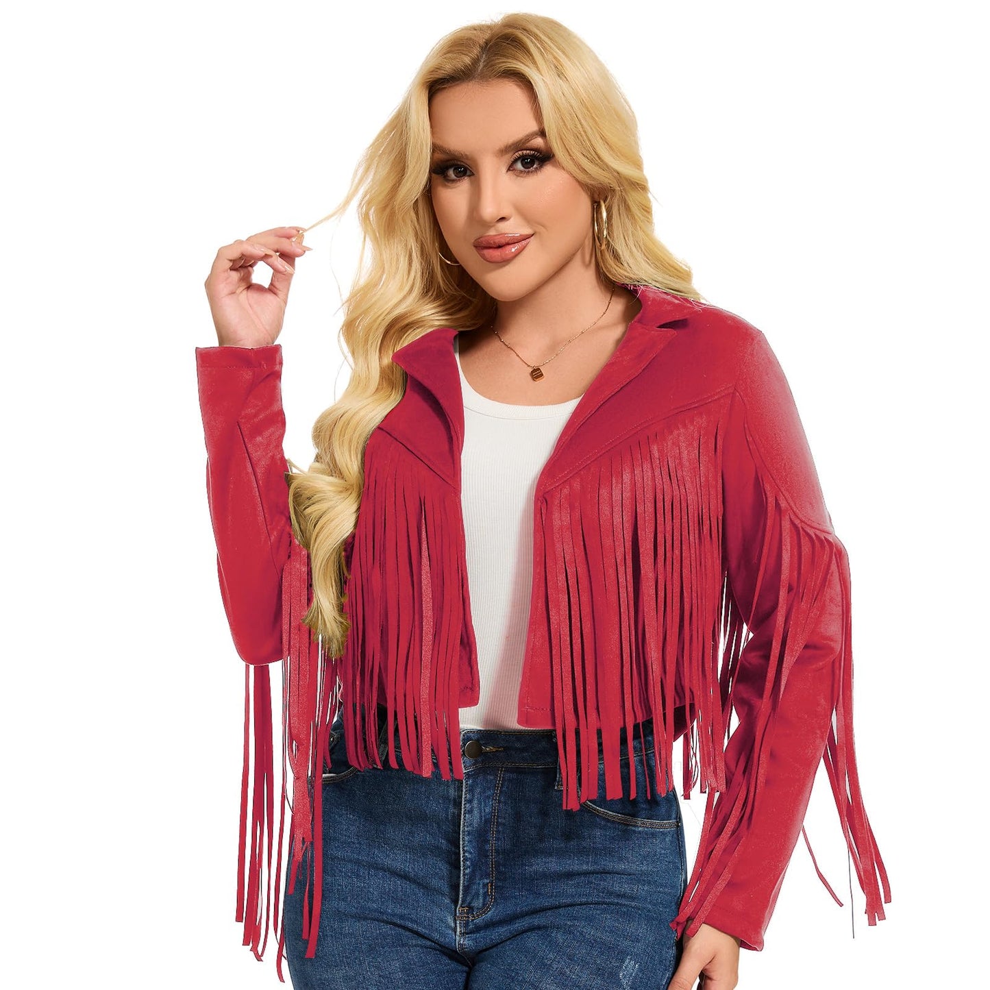 ATAMET 70s Women's Fringe Jackets Faux Suede Leather 60s Party Clothes, Halloween 2025 Fashion Tassel Motorcycle Coats (US, Alpha, 3X-Large, Regular, Regular, Cowgirl Red)