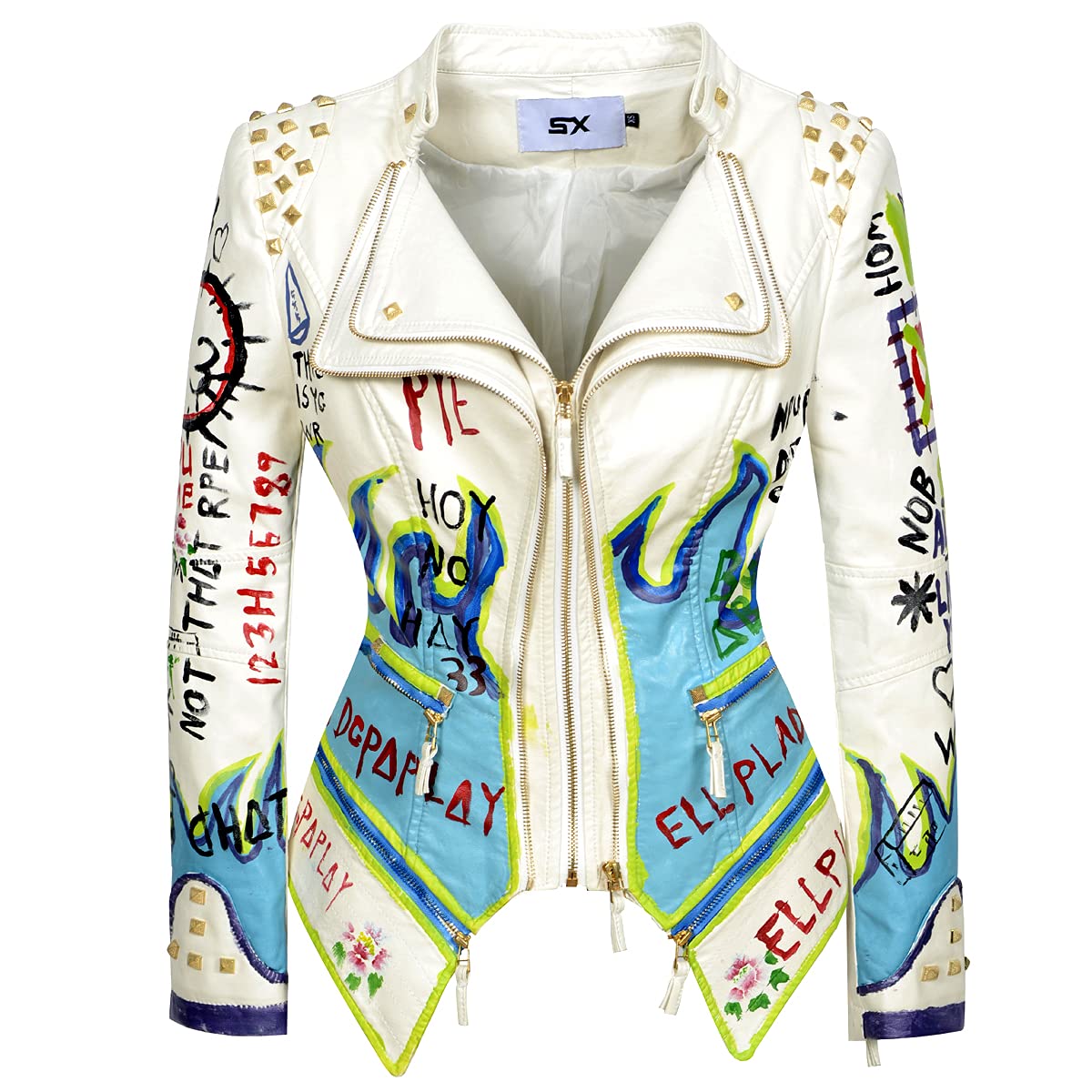 FUYUAN Women's fashion studs perfectly shaped artificial leather jacket graffiti punk motorcycle jacket(XL-White)