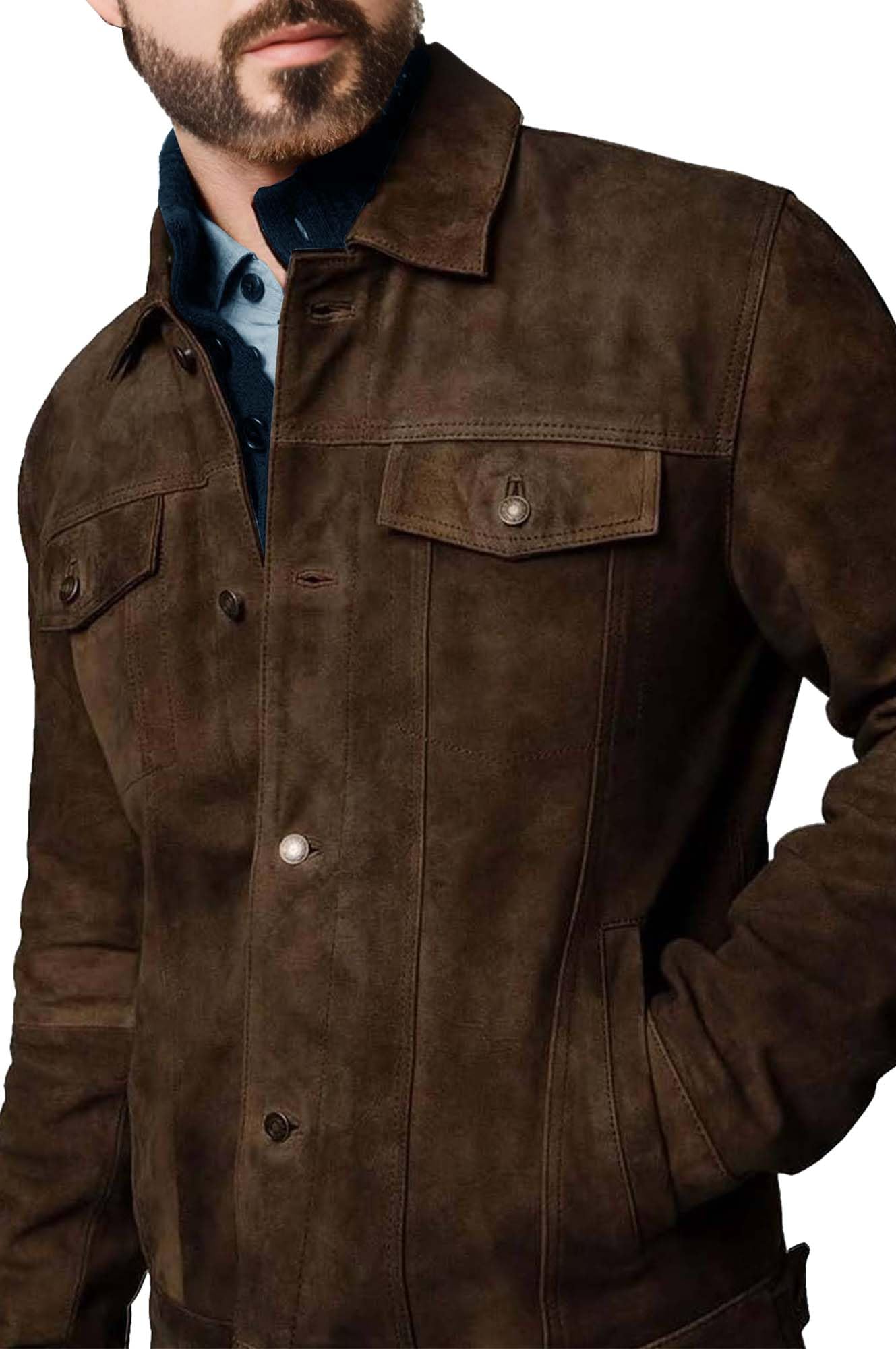 Premium Vintage Trucker Suede Leather Jacket Men Genuine Lambskin Men Leather Jackets Shirt Collar Jackets For Mens (US, Alpha, XX-Large, Regular, Regular, Dark Brown Suede Leather)