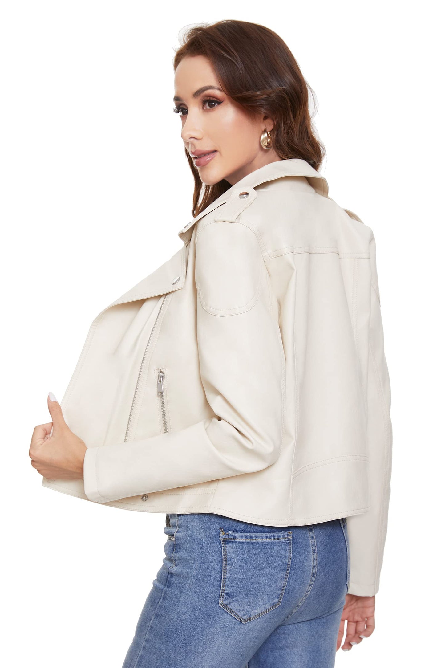 Fahsyee Women's Faux Leather Jackets, Zip Up Motorcycle Short PU Moto Biker Outwear Fitted Slim Coat White Size M