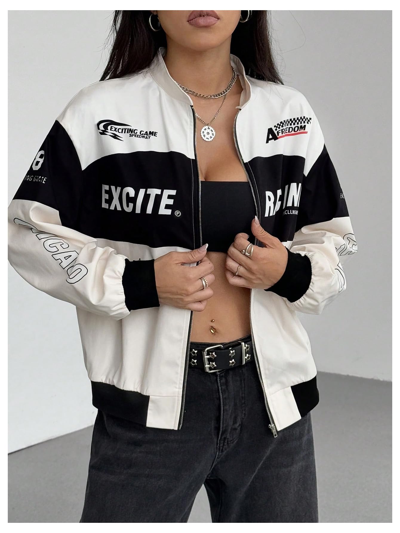 GORGLITTER Women's Race Car F1 Motorcycle Jacket Y2k Racing Outfits