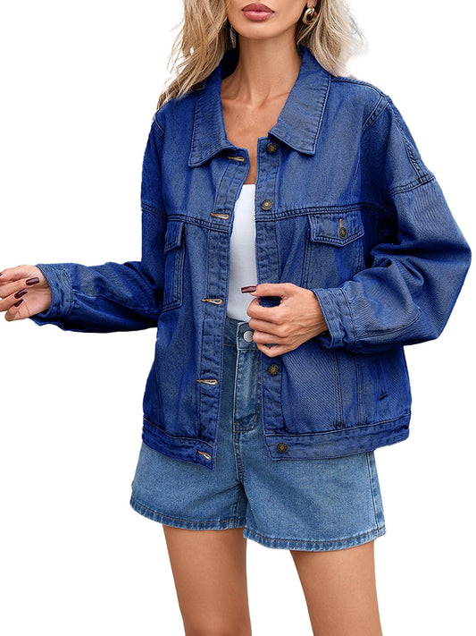LifeShe Women's Oversized Denim Jacket Boyfriend Ripped Distressed Jean Jackets Casual Long Sleeve Trucker Coat