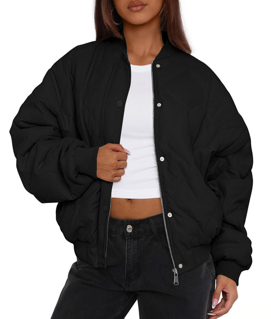 PRETTYGARDEN Women's Quilted Bomber Jacket Fall Fashion 2026 Lightweight Cropped Zip up Outerwear Winter Puffer Coats Pockets (Black,Small)