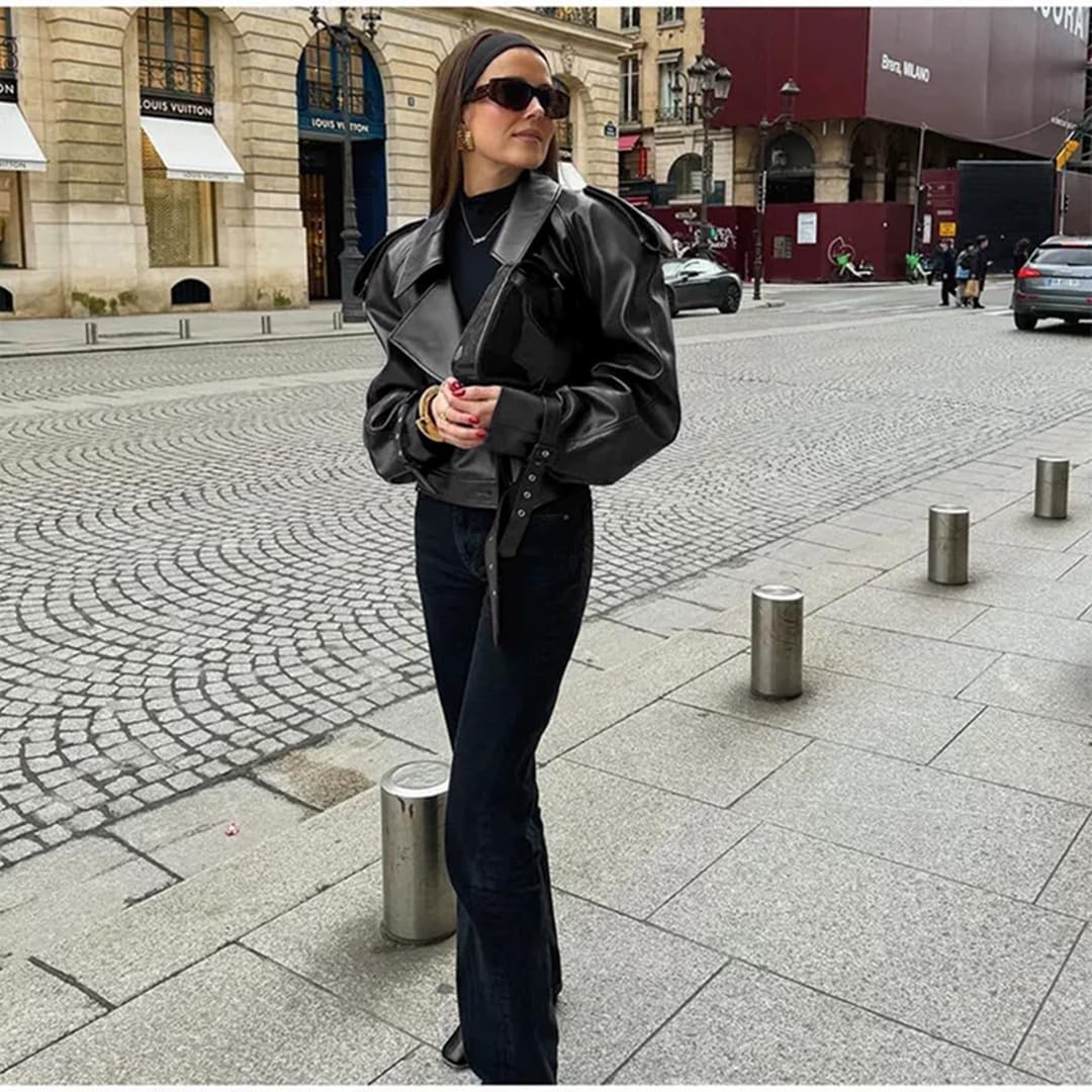 THLAI Womens PU Leather Jacket Long Sleeve Retro Collar Motorcycle Jacket Casual Coat