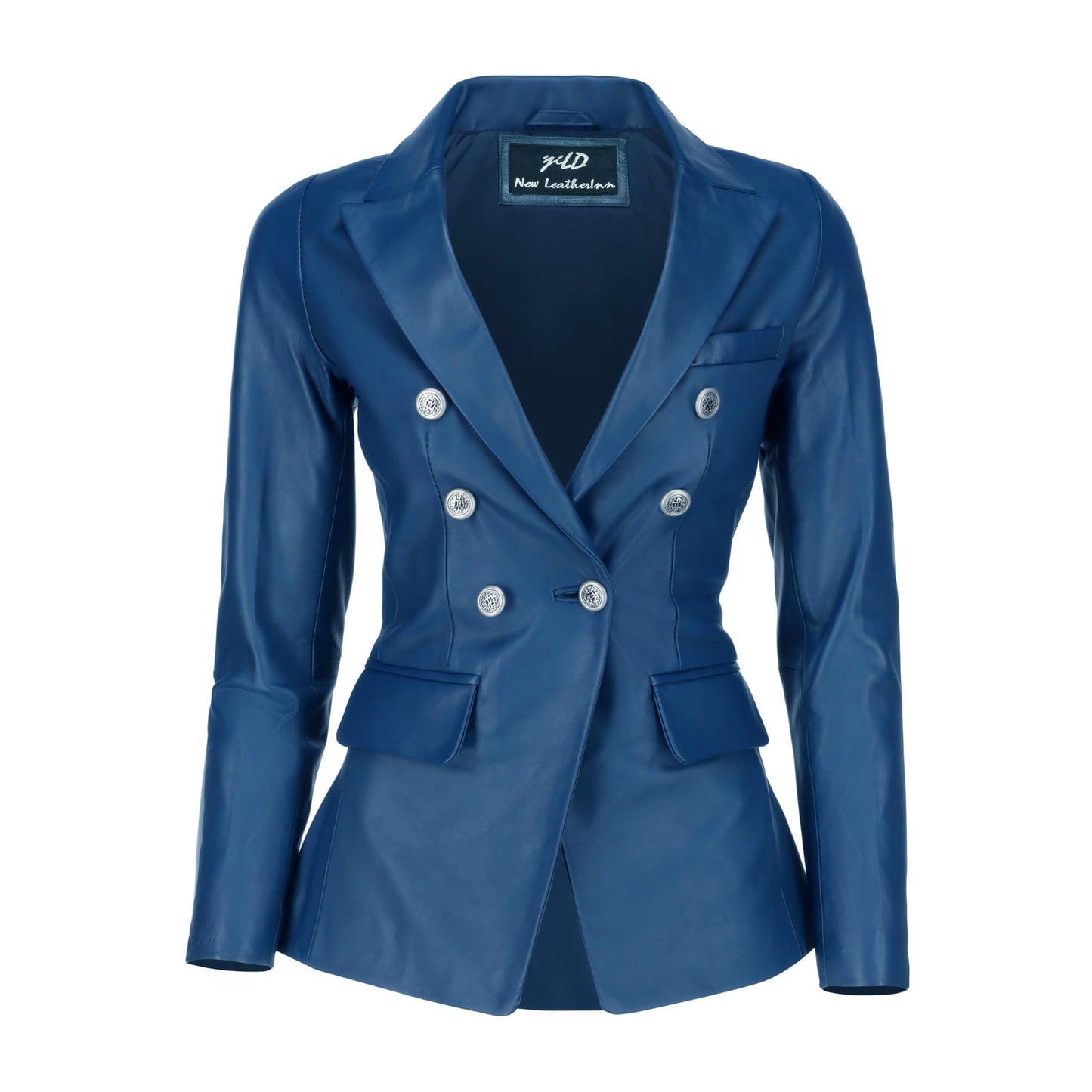 Jild Double Breasted Fancy Buttons Lambskin Leather Blazer Women - Kim Kardashian Long Sleeve Coat Style Leather Jacket Women (FC-Blue-L)