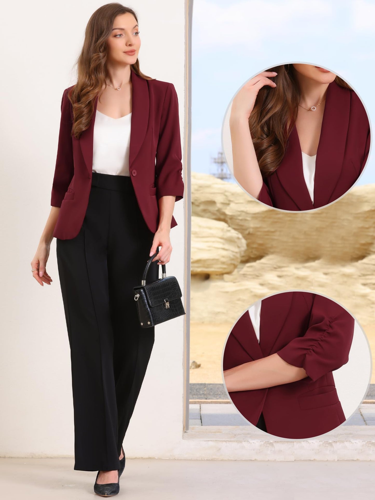 Allegra K Blazer for Women Business Casual Outfits Ruched 3/4 Sleeve Lapel Spring Dressy Suit Jackets with Pockets Medium Burgundy