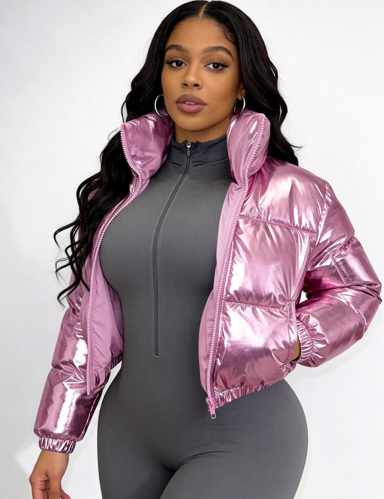 COZYPOIN Women's Metallic Shiny Cropped Puffer Jacket Long Sleeve y2k Zip Up Padded Down Short Coat Outerwear