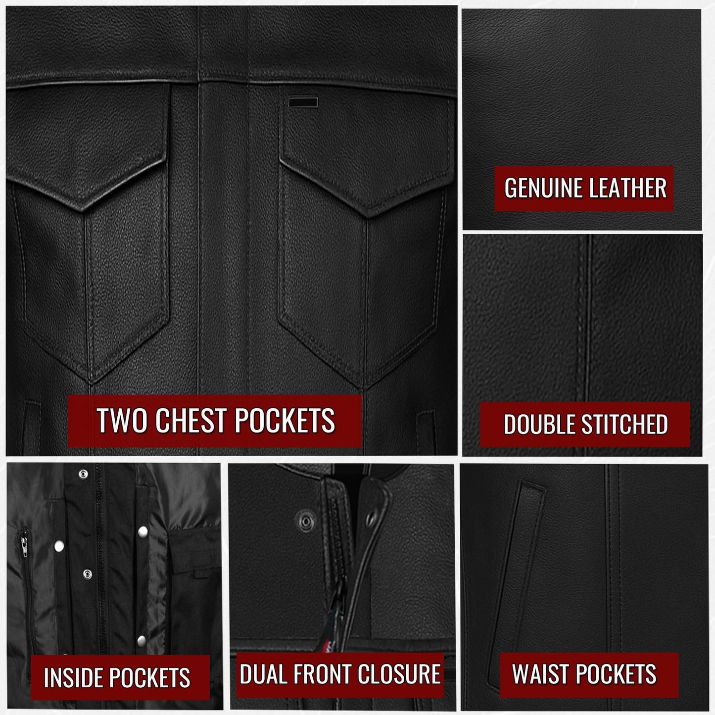 Jackets 4 Bikes Men’s SOA Motorcycle Vest – Premium Buffalo Leather Multiple Pockets Club Style Biker Vest with Metal Zippers Black XL