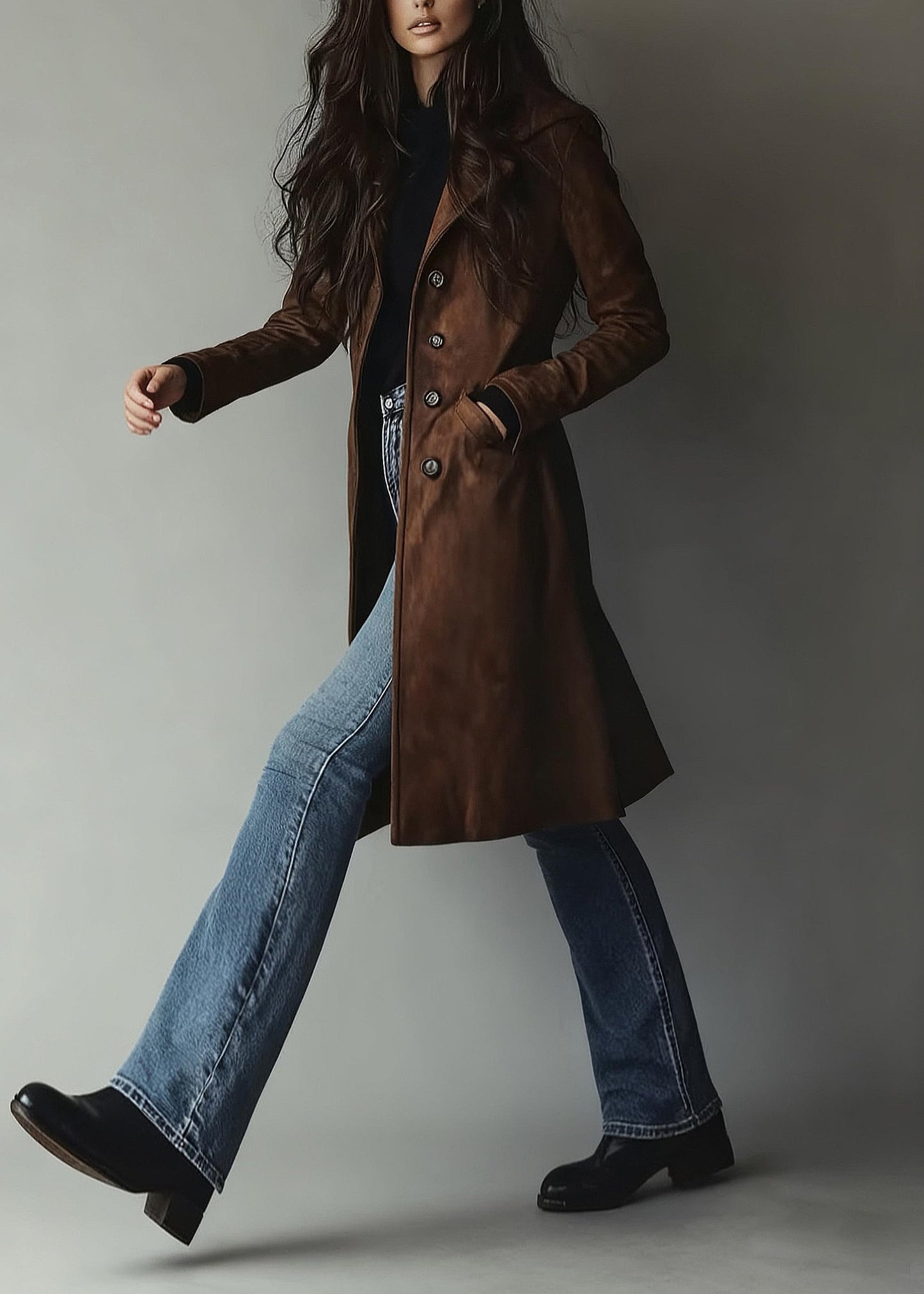 utcoco Womens Long Suede Trench Coat Single Breasted Leather Trench Overcoat with Pocket (X-Small, Dark Brown)