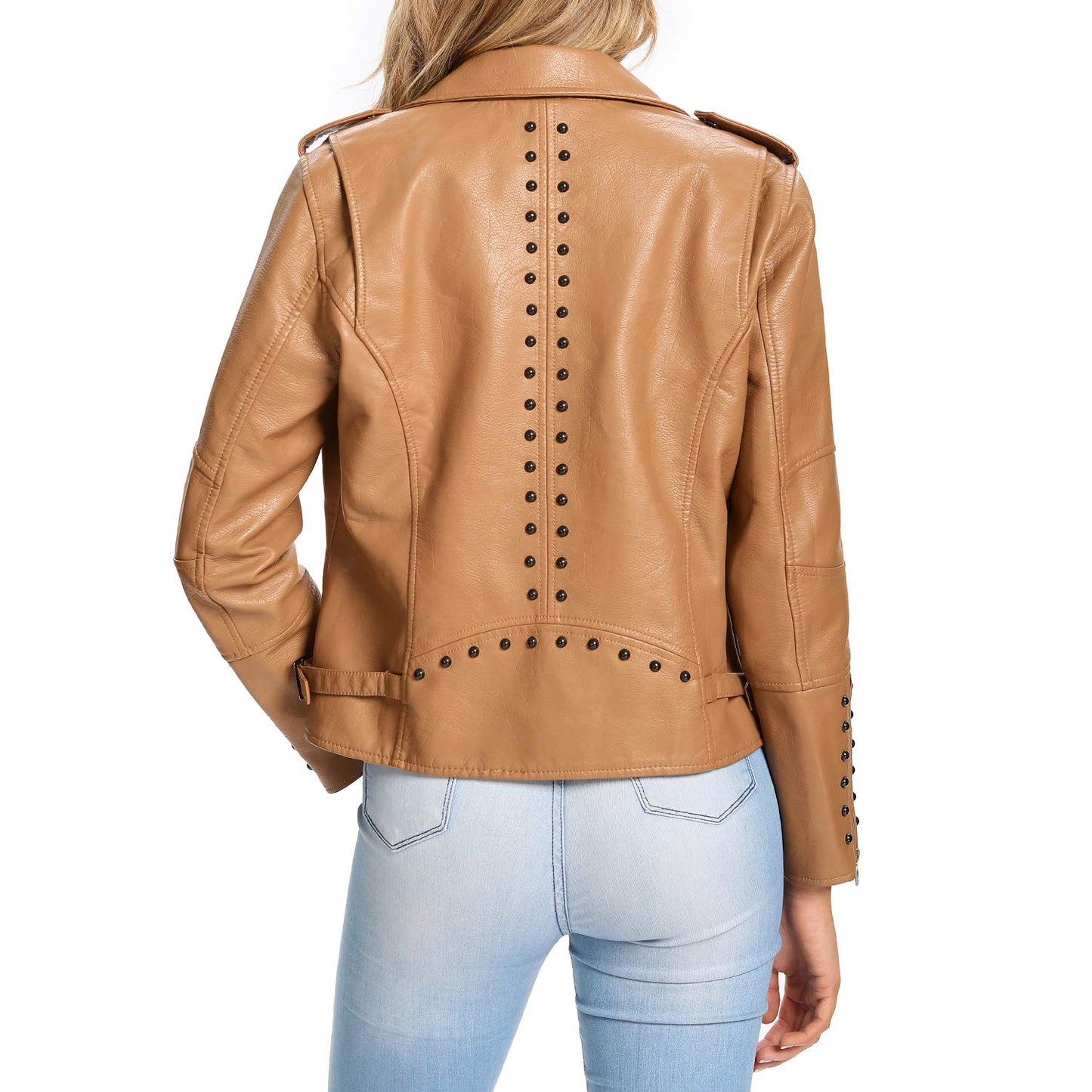 S P Y M Womens Faux Leather Jacket, Double Zip Up Coat, Moto Biker Outwear with Rivets, Regular and Plus Size