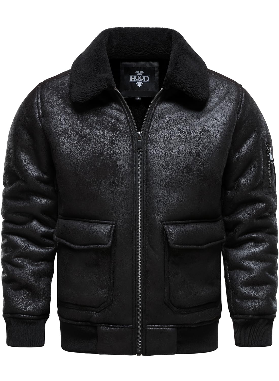 HOOD CREW Men's Faux Leather Motorcycle Jacket Men Bomber Jacket Warm Sherpa Fleece Lined Winter Coat Aviator Flight Jackets Black L