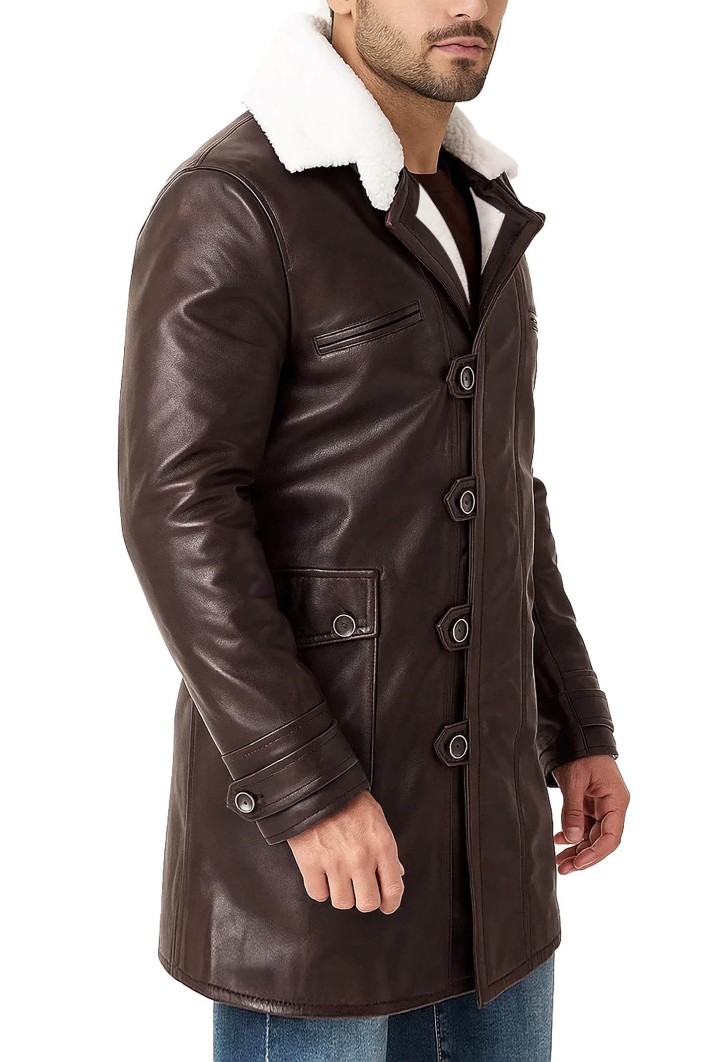LP-FACON Mens BN Coat Jacket Winter Fur Shearling Brown Faux Leather Overcoat