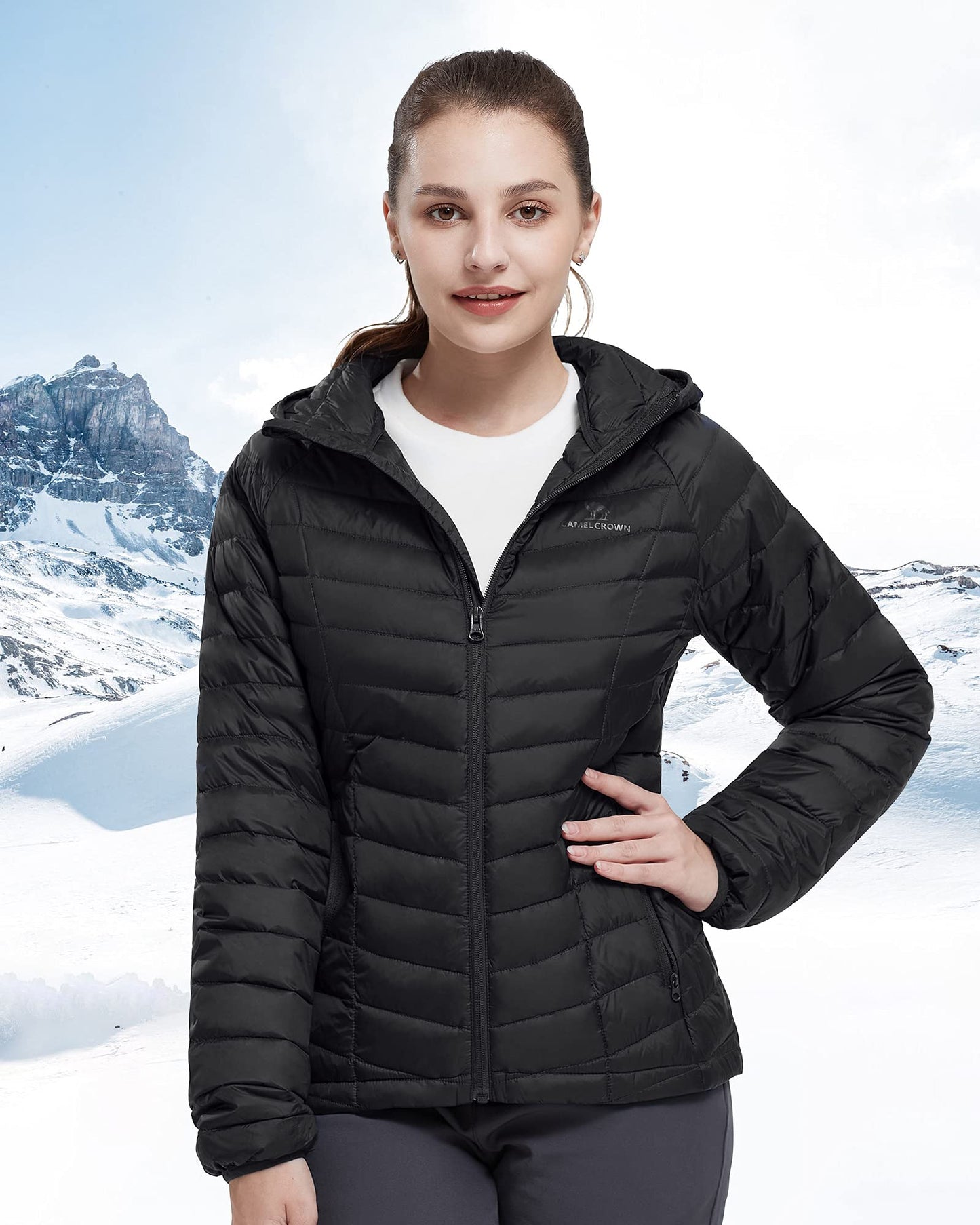 CAMELSPORTS Women's Down Jacket Hooded Winter Light Weight Short Puffer Coats Packable Warm Windproof Ladies Parka