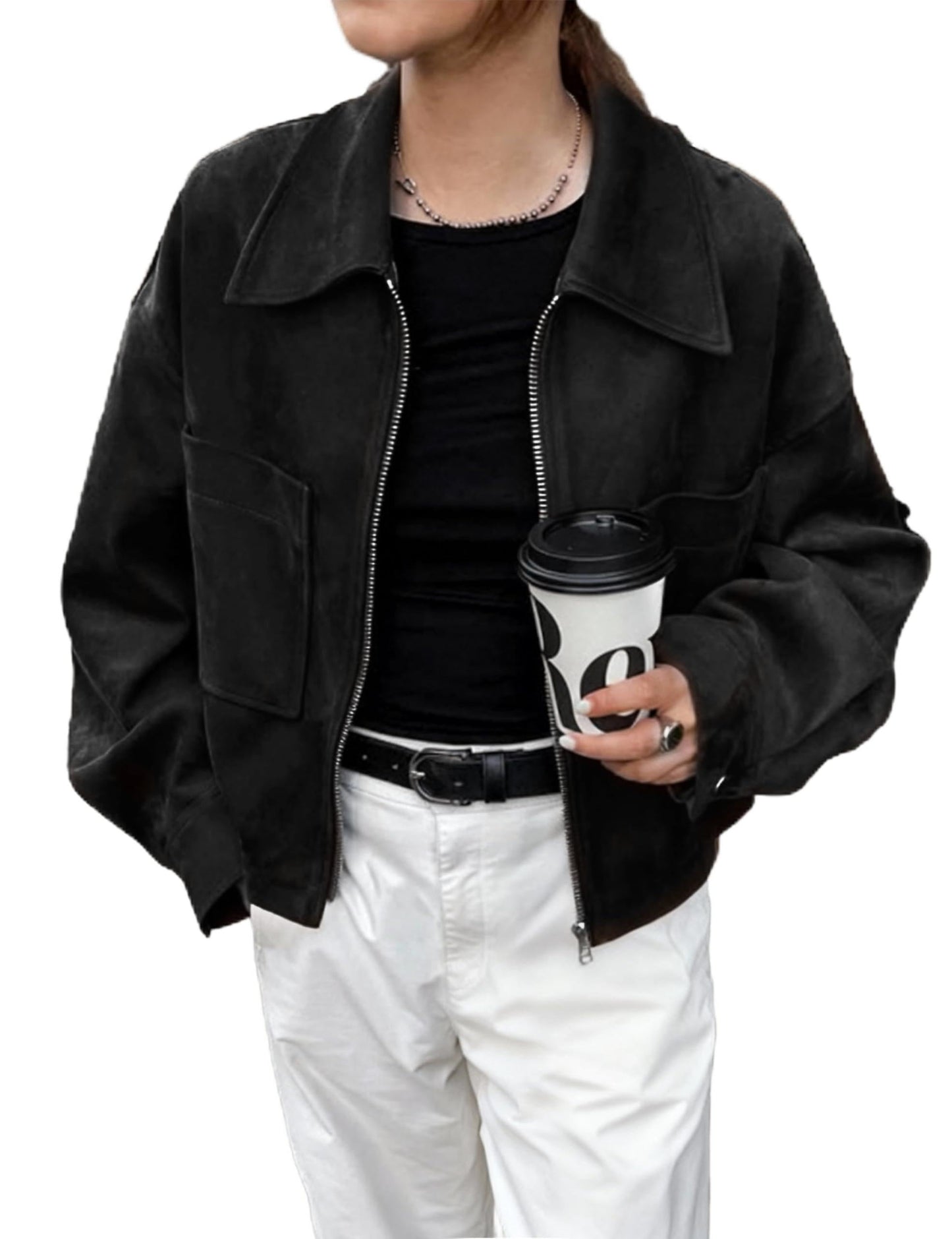 Eclisseaura Women's Long Sleeve Loose Fit Color-Blocked Collar Suede Pocket Jacket(Black-M)