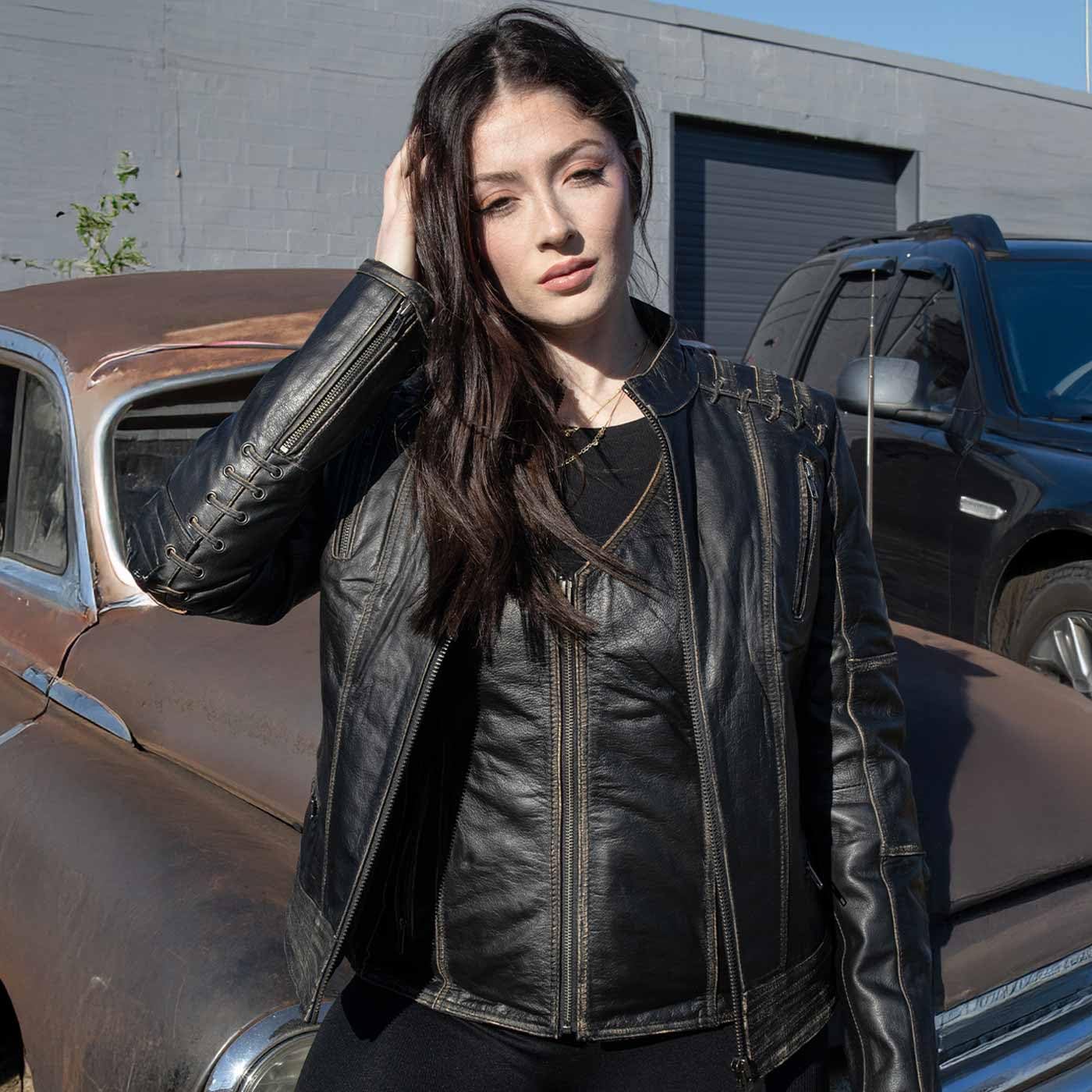 Milwaukee Leather MLL2527 Women's 'Elegant' Distressed Brown Detail Laced Leather Jacket - 3X-Large