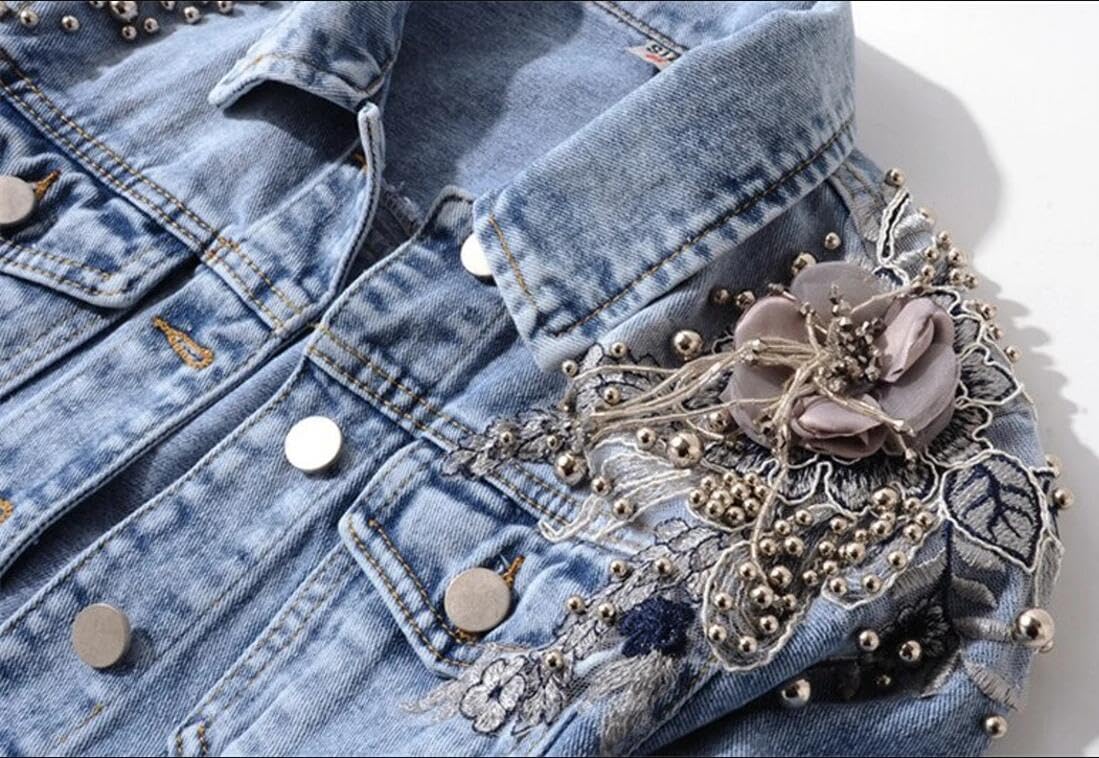 Kedera Women's Denim Jacket Long Sleeve Western Rivet Studded Washed Pearl Short Jean Coat