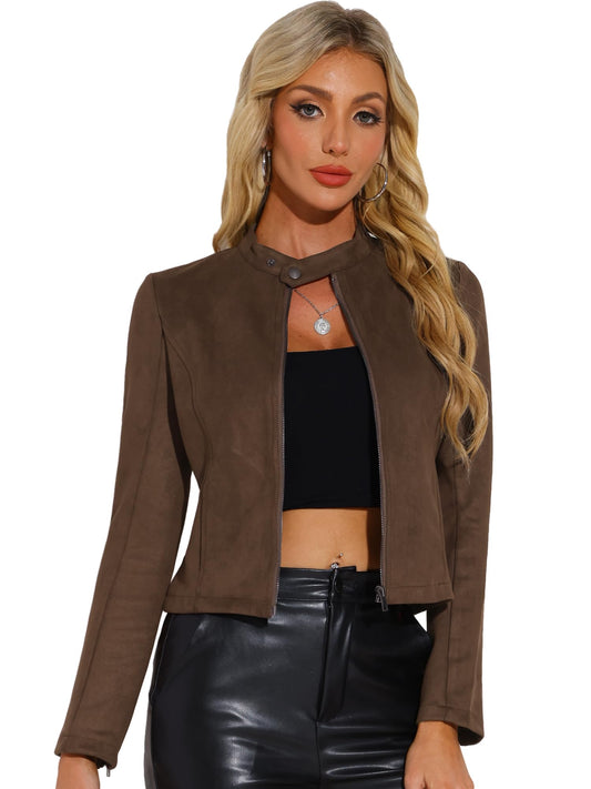 Allegra K Women's Faux Suede Jacket Stand Collar Zip Up Long Sleeve Motorcycle Biker Coat Small Dark Brown