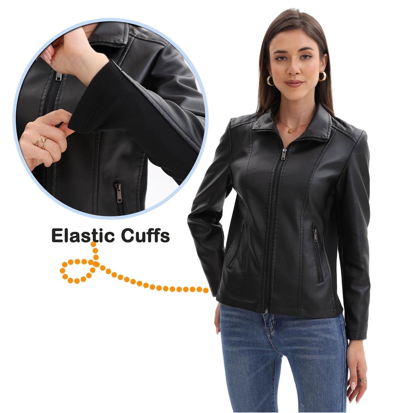 CHIGUO Faux Leather Jacket for Women Motorcycle Fashion Zip Up Coat Trendy Going Out Jackets (Black,X-Large)