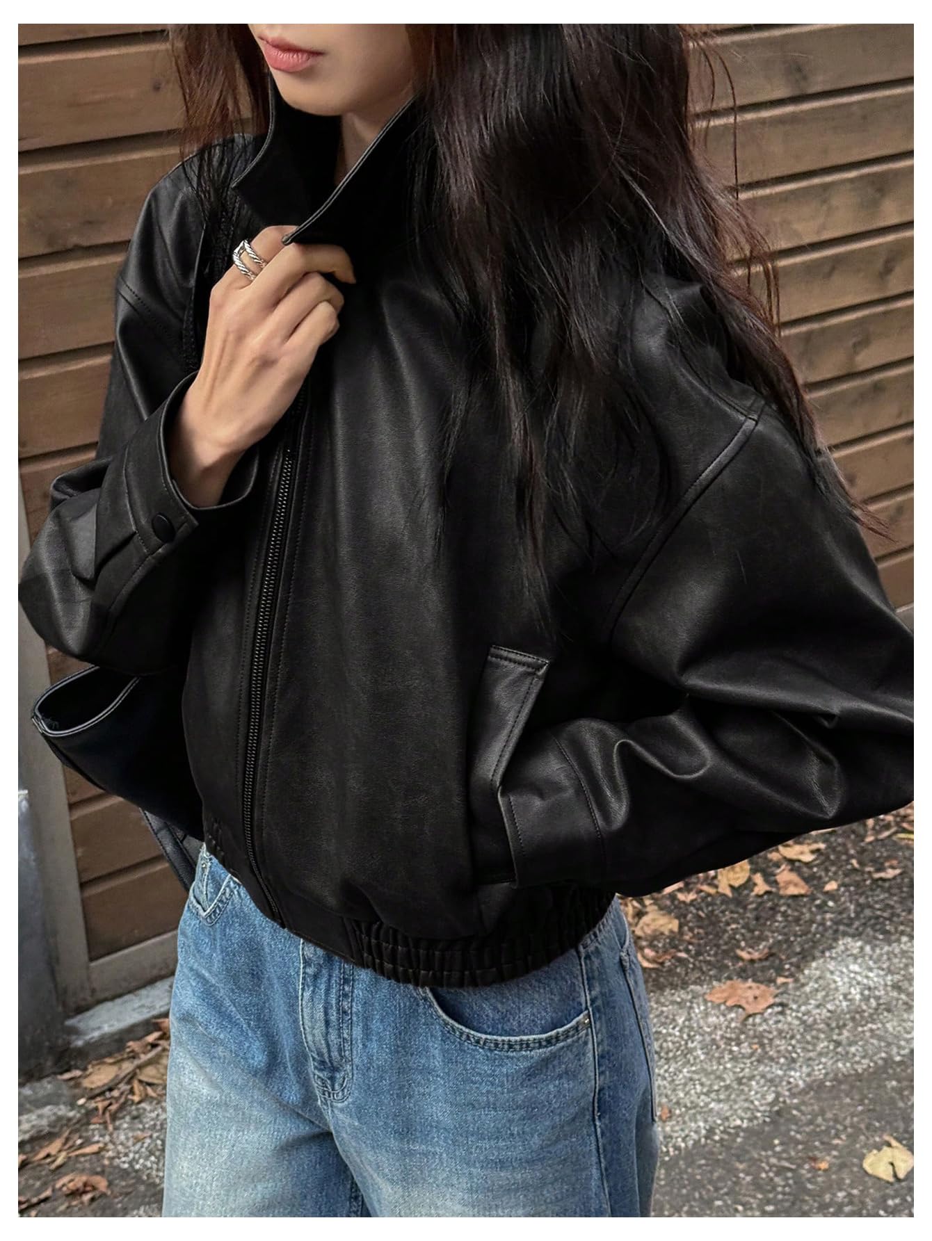 Milumia Women's Faux Leather Zip Up Jacket Vintage Collared Long Sleeve Motorcycle Jackets Black Small