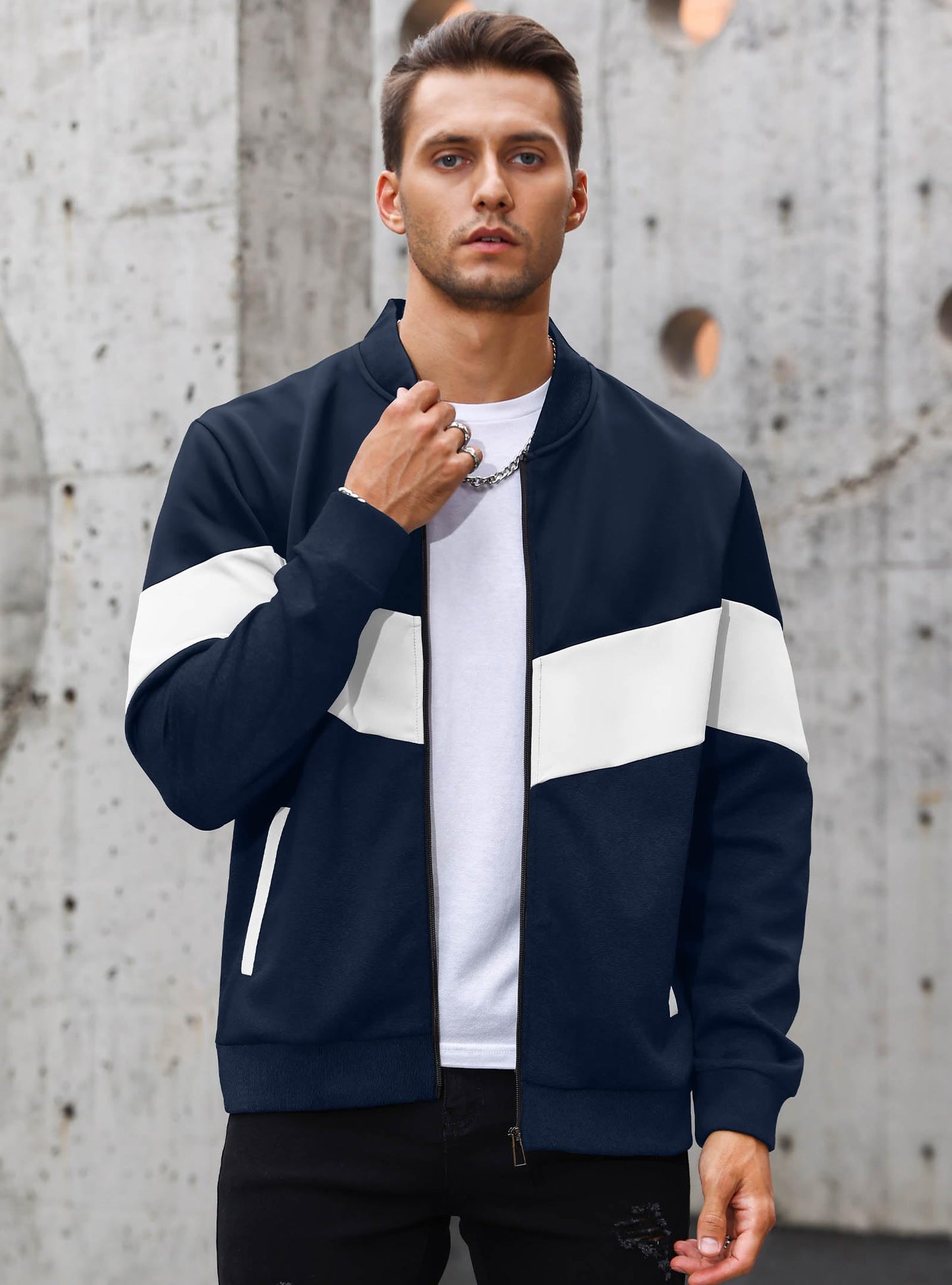 HYPESTFIT Men's Lightweight Jacket Casual Bomber Jacket Color Block Varsity Coat