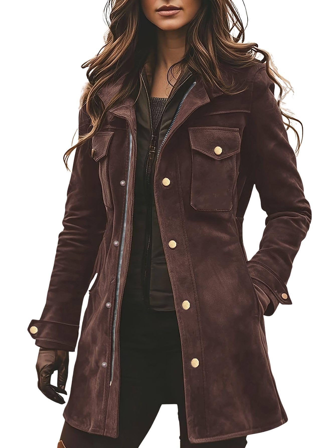 chouyatou Women's Retro Faux Suede Leather Jacket Zip Up Military Utility Safari Jacket Midi Long Shacket (Large, Coffee)