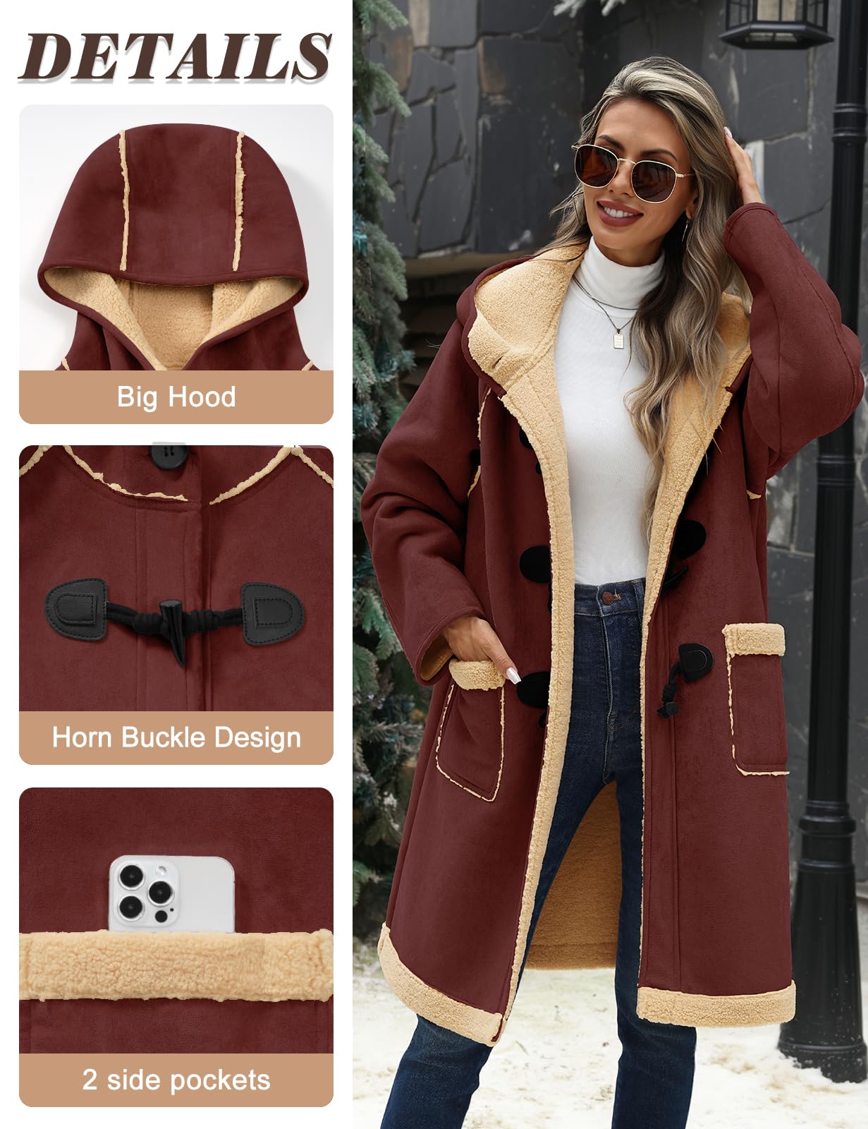 UMIPUBO Women Suede Sherpa Fleece Lined Duffle Faux Leather Coat Mid Length Hooded Toggle Jacket with Pockets, Winter Trendy Warm Outerwear(Wine Red,S)