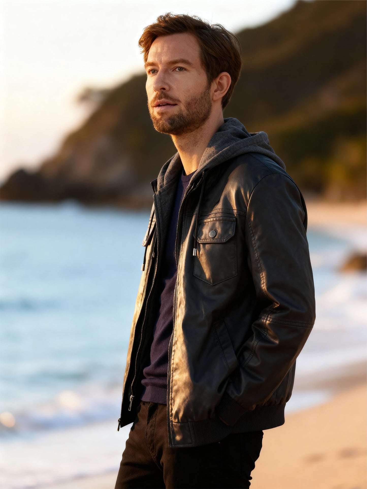 Wantdo Men's Faux Leather Motorcycle Jacket Slim Fit Warm Winter Jackets with Removable Hood Black Large