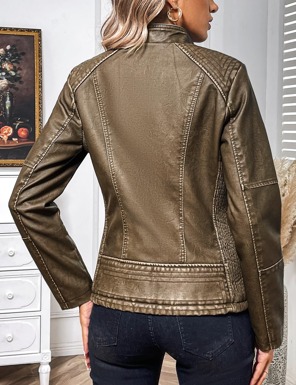 Bellivera Faux Leather Women Motorcycle Stand Collar Jacket D.Khaki XL