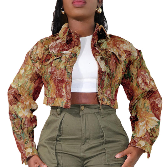RISCUYY Cropped Jacket Women Bomber Short Jacket Y2K Jacquard Crop Floral Jackets for Women Trendy