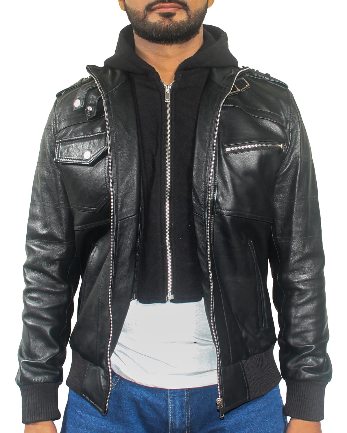 Mens Black Leather Jacket | Real Lambskin Genuine Leather Jacket | Biker Style Motorcycle Jacket for Casual Wear (HOOD-BLACK-2XL)