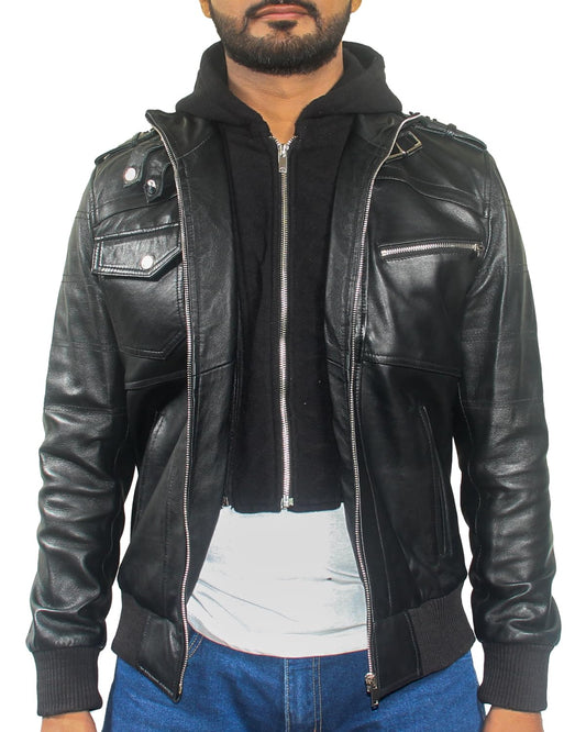 Mens Black Leather Jacket | Real Lambskin Genuine Leather Jacket | Biker Style Motorcycle Jacket for Casual Wear (HOOD-BLACK-2XL)