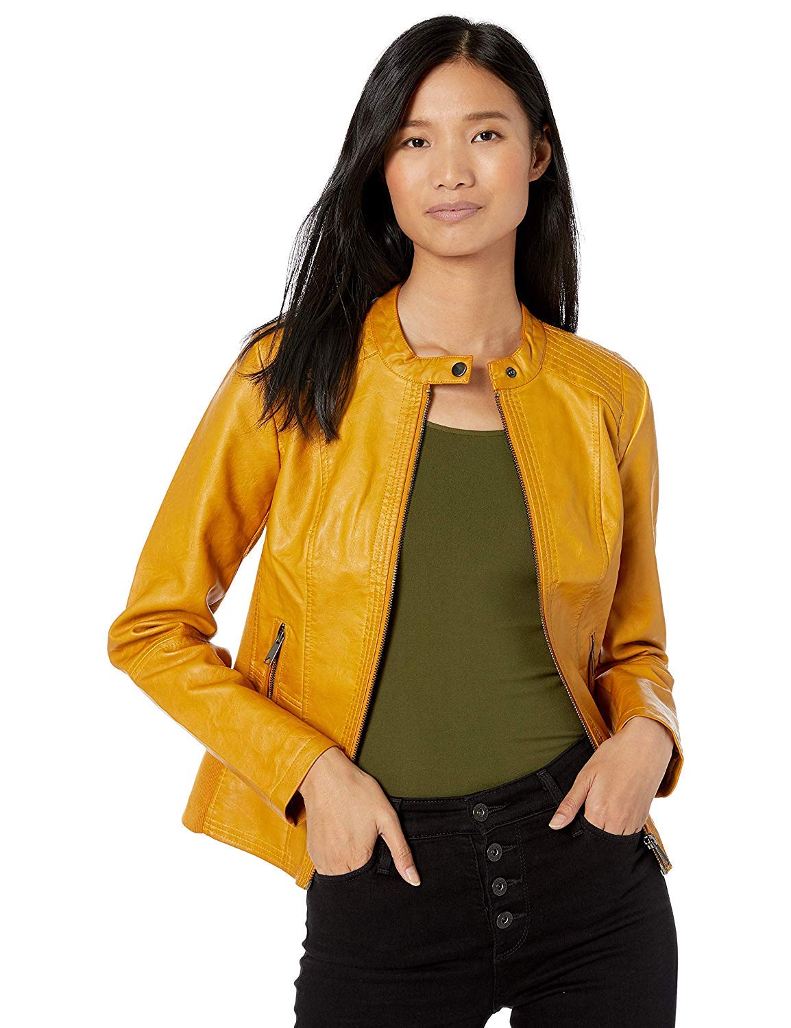 Sebby Collection Women's Faux Leather Jacket with Moto Details and Front Zip Pockets, Yellow, 1X