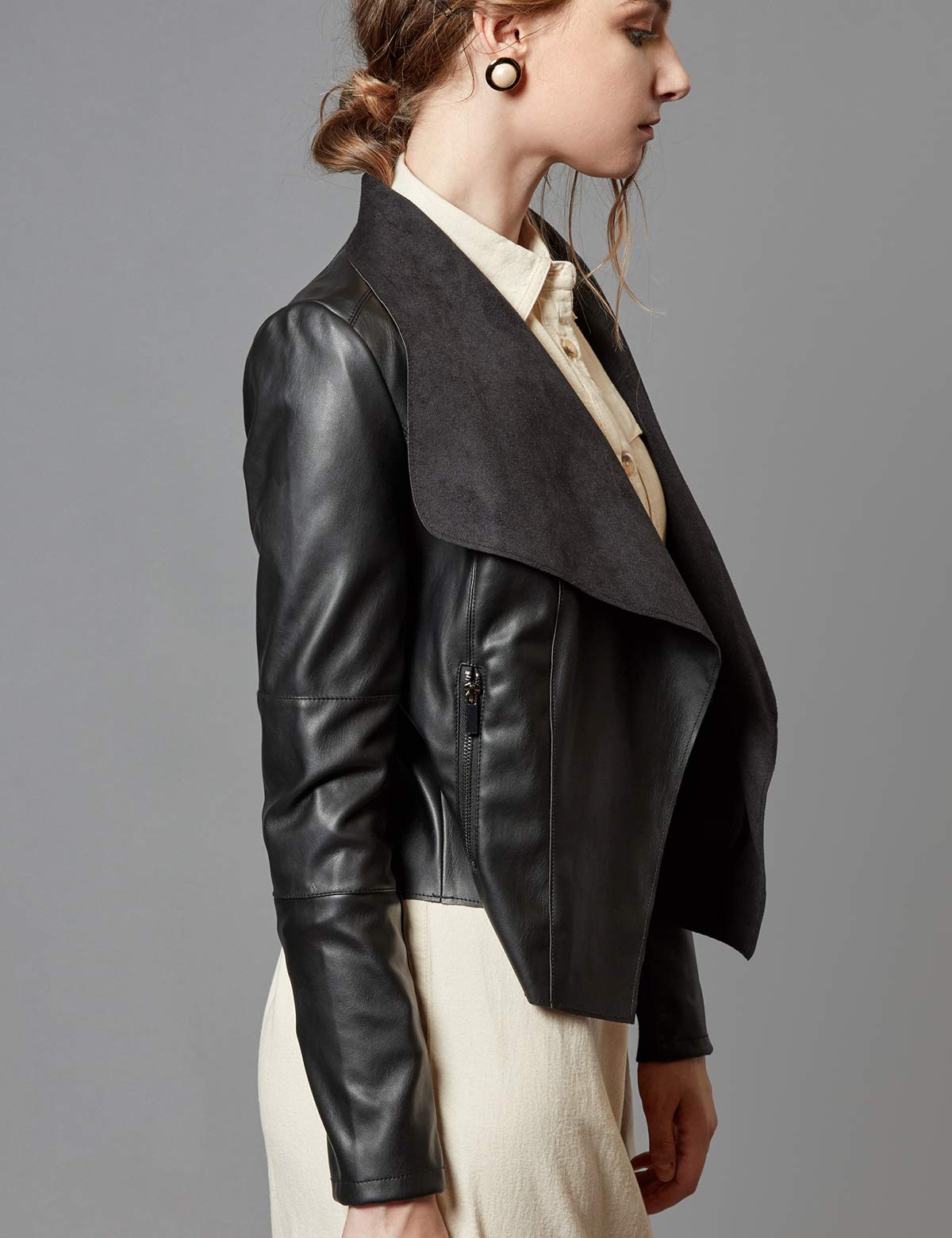 Escalier Women's Faux Leather Jackets Slim Open Front Lapel Blazer Jackets Black Small