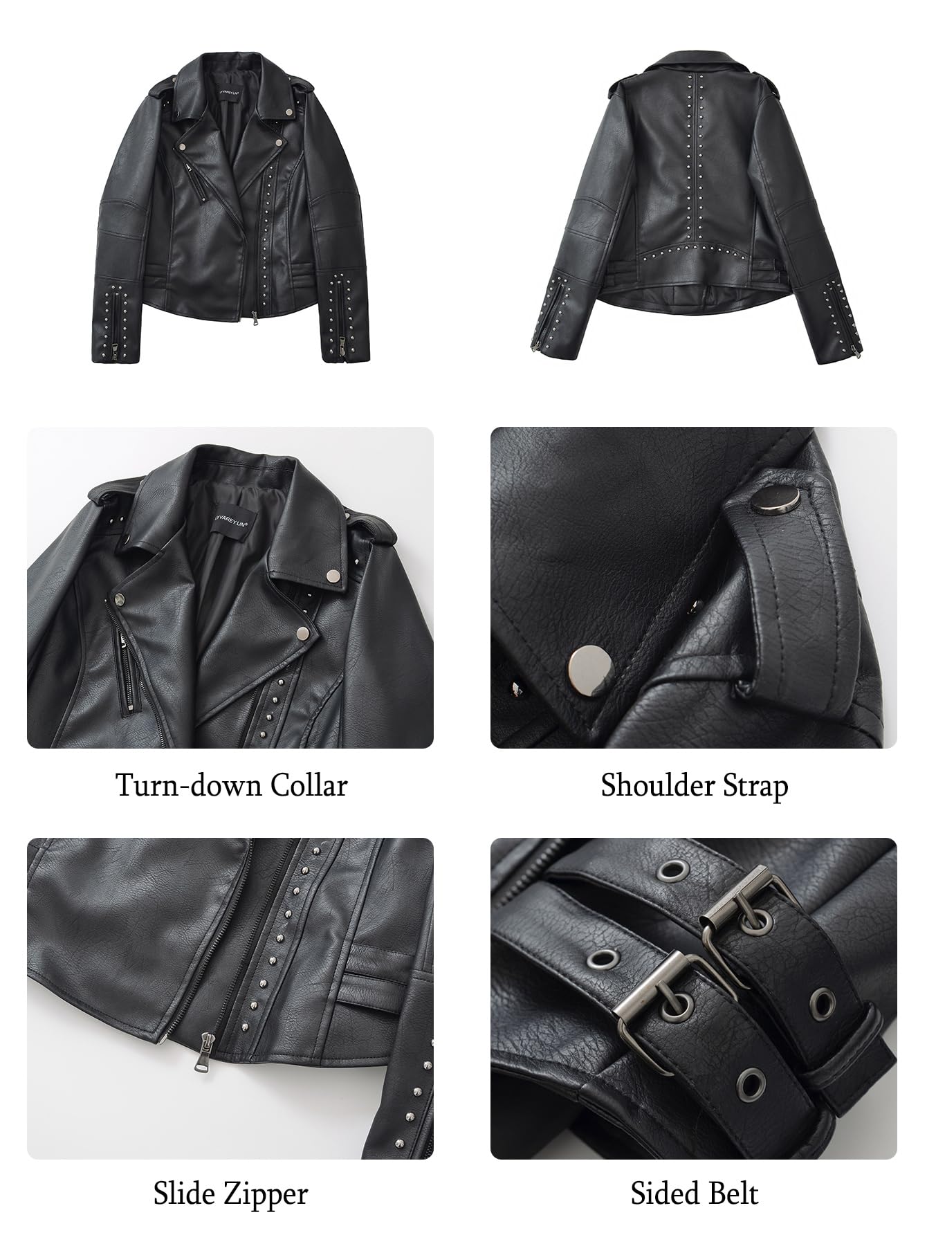 LY VAREY LIN Studded Faux Leather Moto Jacket Women Black PU Biker Coat with Rivets Punk Style