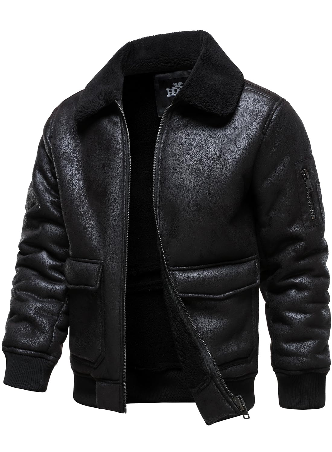 HOOD CREW Men's Faux Leather Motorcycle Jacket Men Bomber Jacket Warm Sherpa Fleece Lined Winter Coat Aviator Flight Jackets Black L