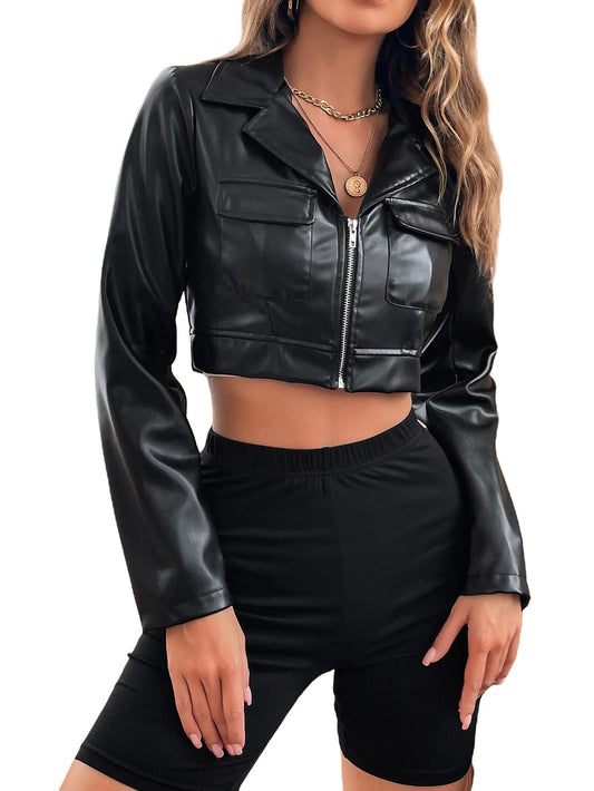 WDIRARA Women's PU Leather Zip Up Flap Pocket Long Sleeve Motorcycle Cropped Jacket Black L