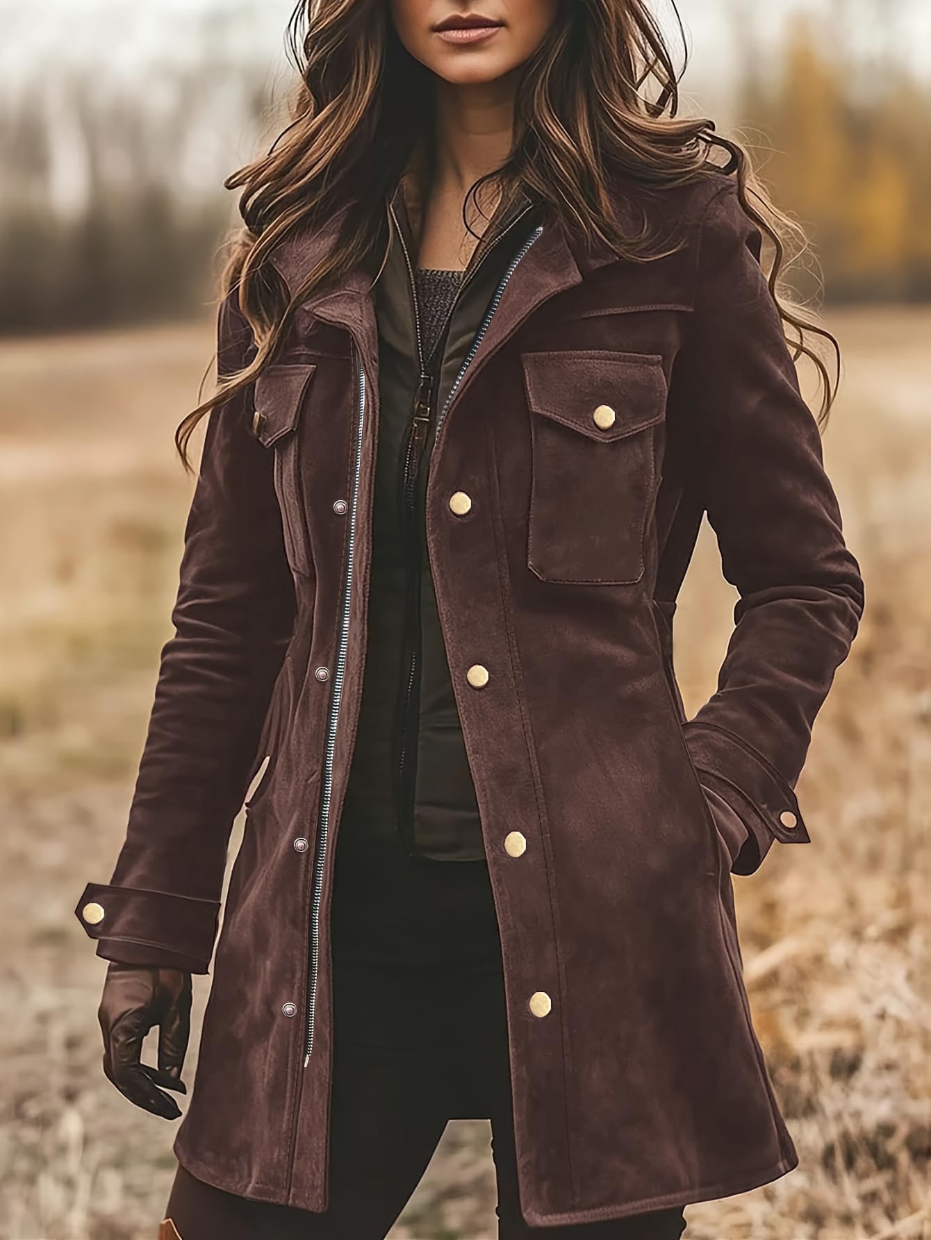 chouyatou Women's Retro Faux Suede Leather Jacket Zip Up Military Utility Safari Jacket Midi Long Shacket (Large, Coffee)