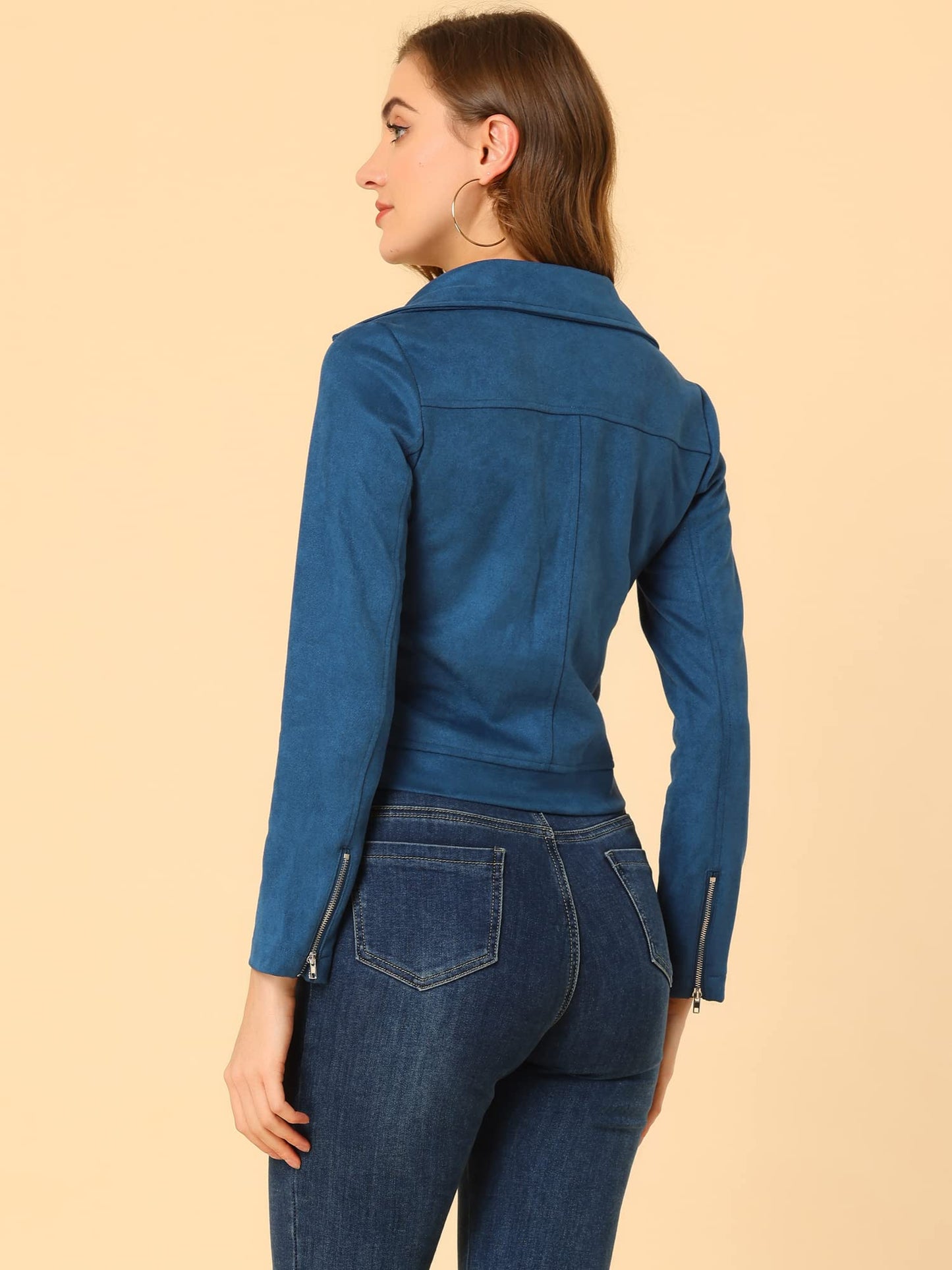 Allegra K Women Short Soft Zip Up Faux Suede Biker Moto Jacket Small Royal Blue