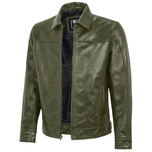 Mens Leather Jacket - Real Lambskin Classic Vintage Style Leather Jackets For Men Brown Leather Jacket for Mens (US, Alpha, X-Large, Regular, Regular, Noir Olive)