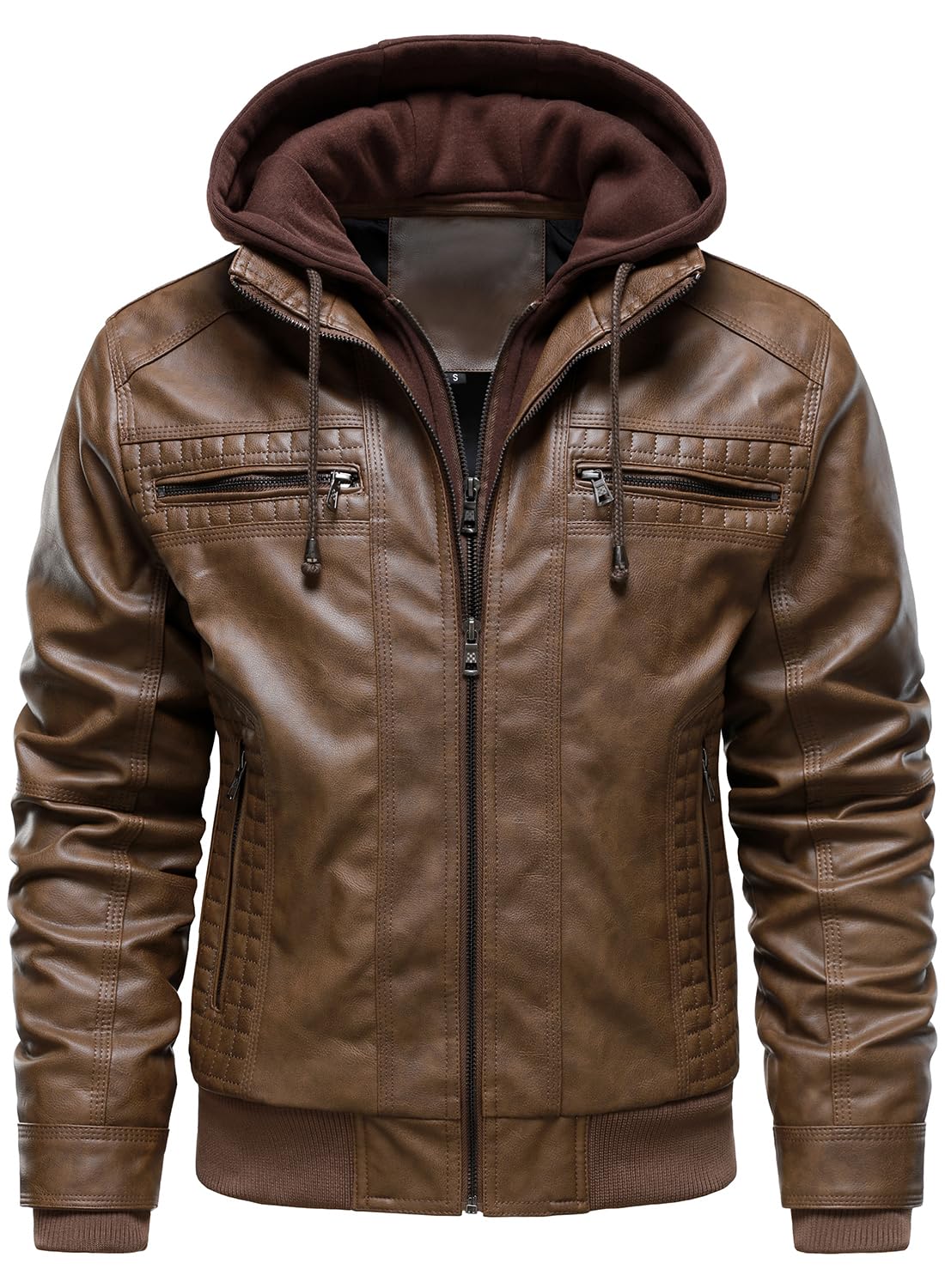 HOOD CREW Men Faux Leather Jacket with Detachable Hood Casual Motorcycle Bomber Jackets Outerwear Brown XXL