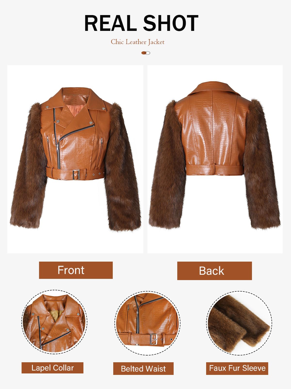 Akmipoem Leather Jacket Women Cropped PU Moto Coat Faux Fur Sleeve Short Biker Jackets Fall Streetwear with Belt Brown XXL