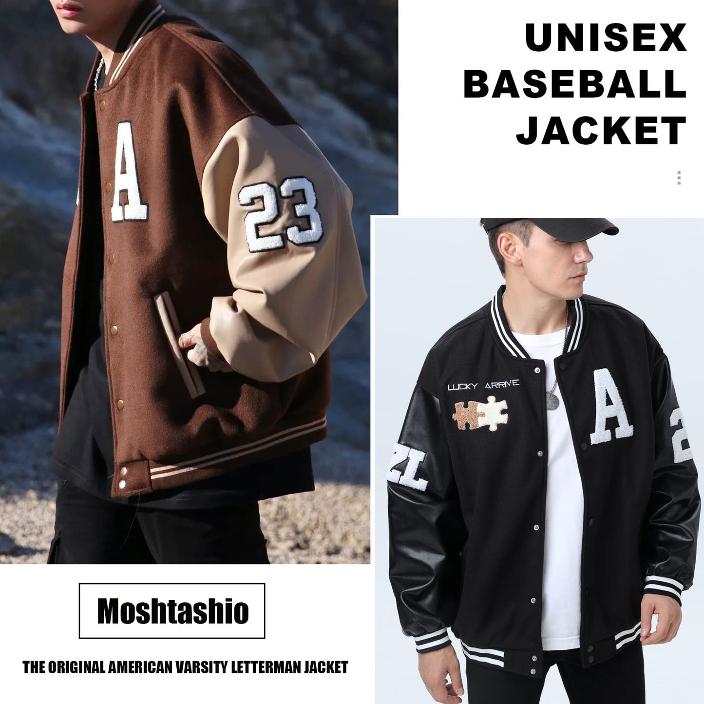 Moshtashio Mens Varsity College Jacket Baseball Bomber Jacket Vintage Sweatshirt Casual Unisex Streetwear Coats with Patch (1 Black, X-Large)