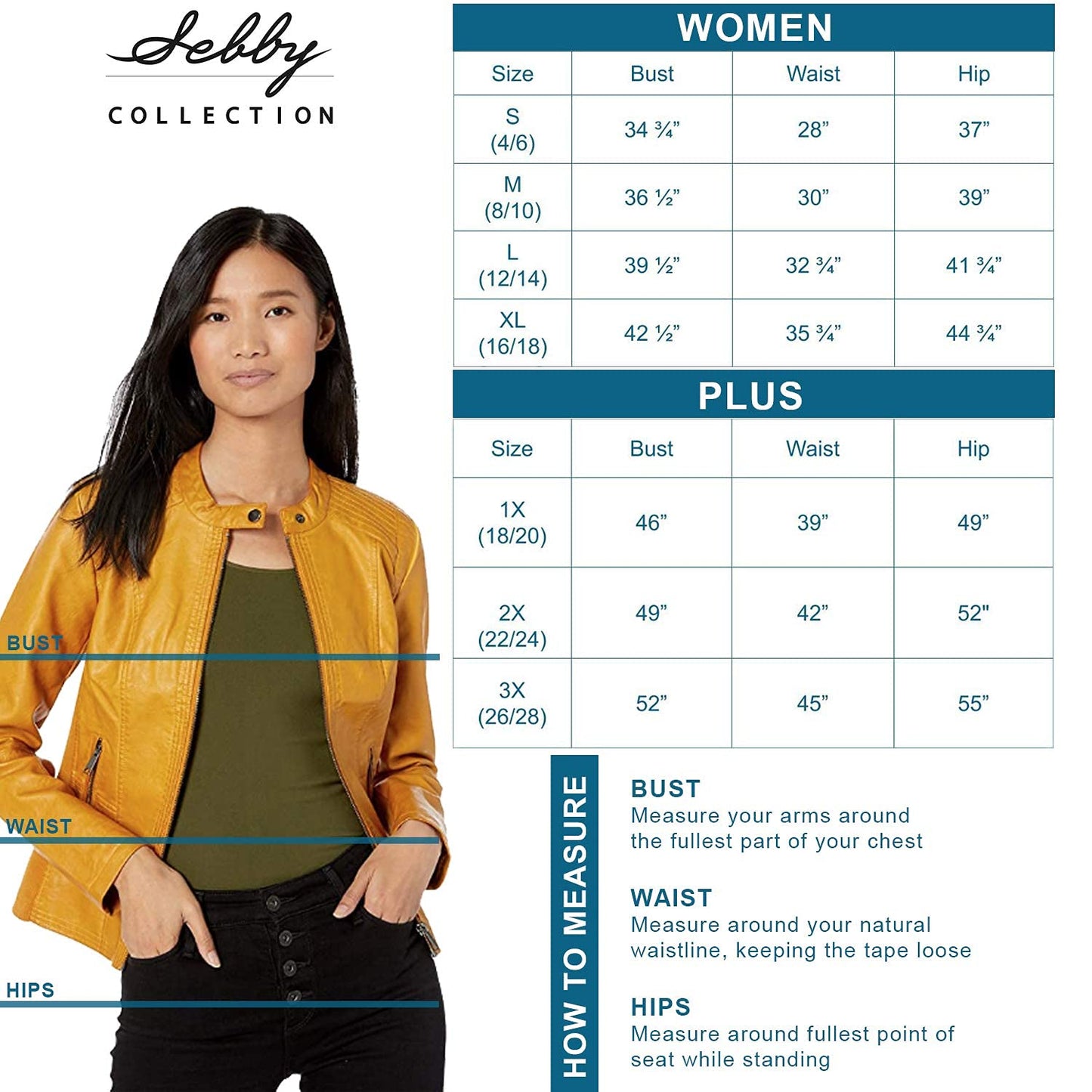 Sebby Collection Women's Faux Leather Jacket with Moto Details and Front Zip Pockets, Yellow, 1X