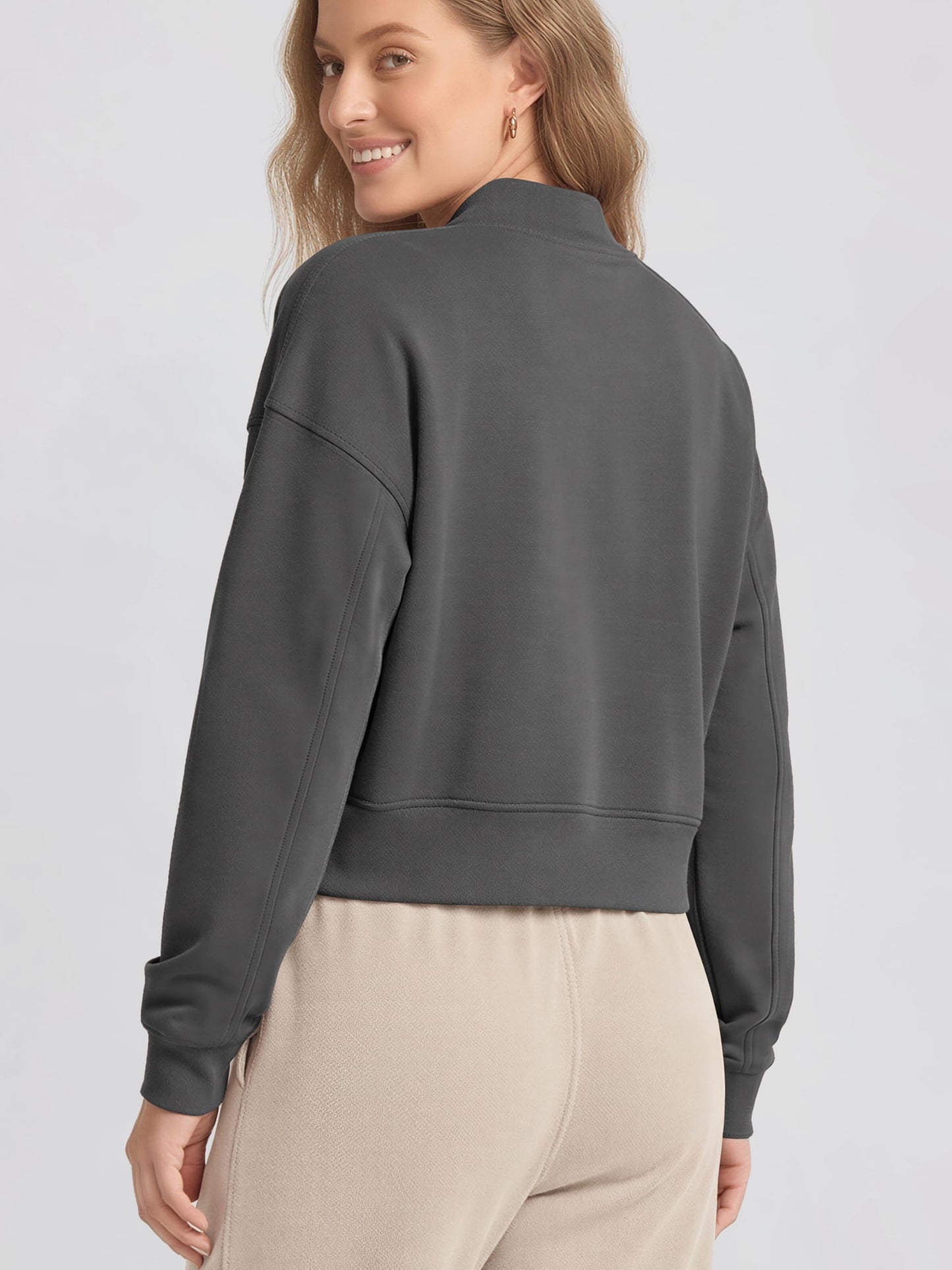 ODODOS Modal Soft Full-Zip Bomber Jacket for Women Long Sleeve Casual Fall Outfit Crop Top with Pockets, Charcoal, Large