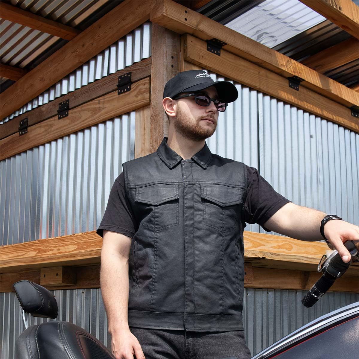 Milwaukee Leather MDM3030 Men’s Black Waxy Coated Denim Club Style Motorcycle Rider Vest w/Shirt Collar - 7X-Large