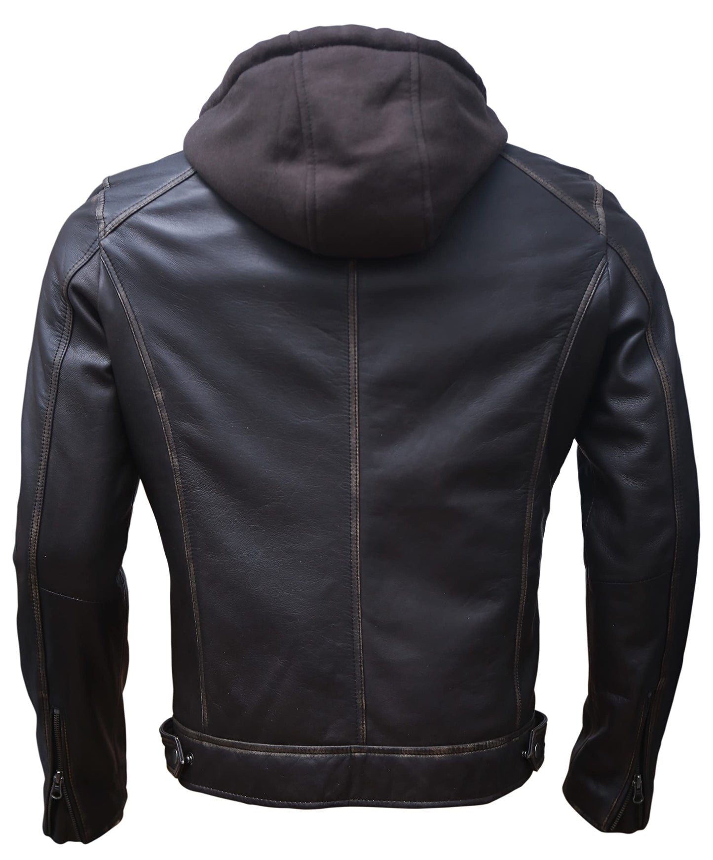 Artistry Mens Genuine Lambskin Leather Motorcycle Jacket with Removable Hood in Black Brown (Large, Distressed Brown)