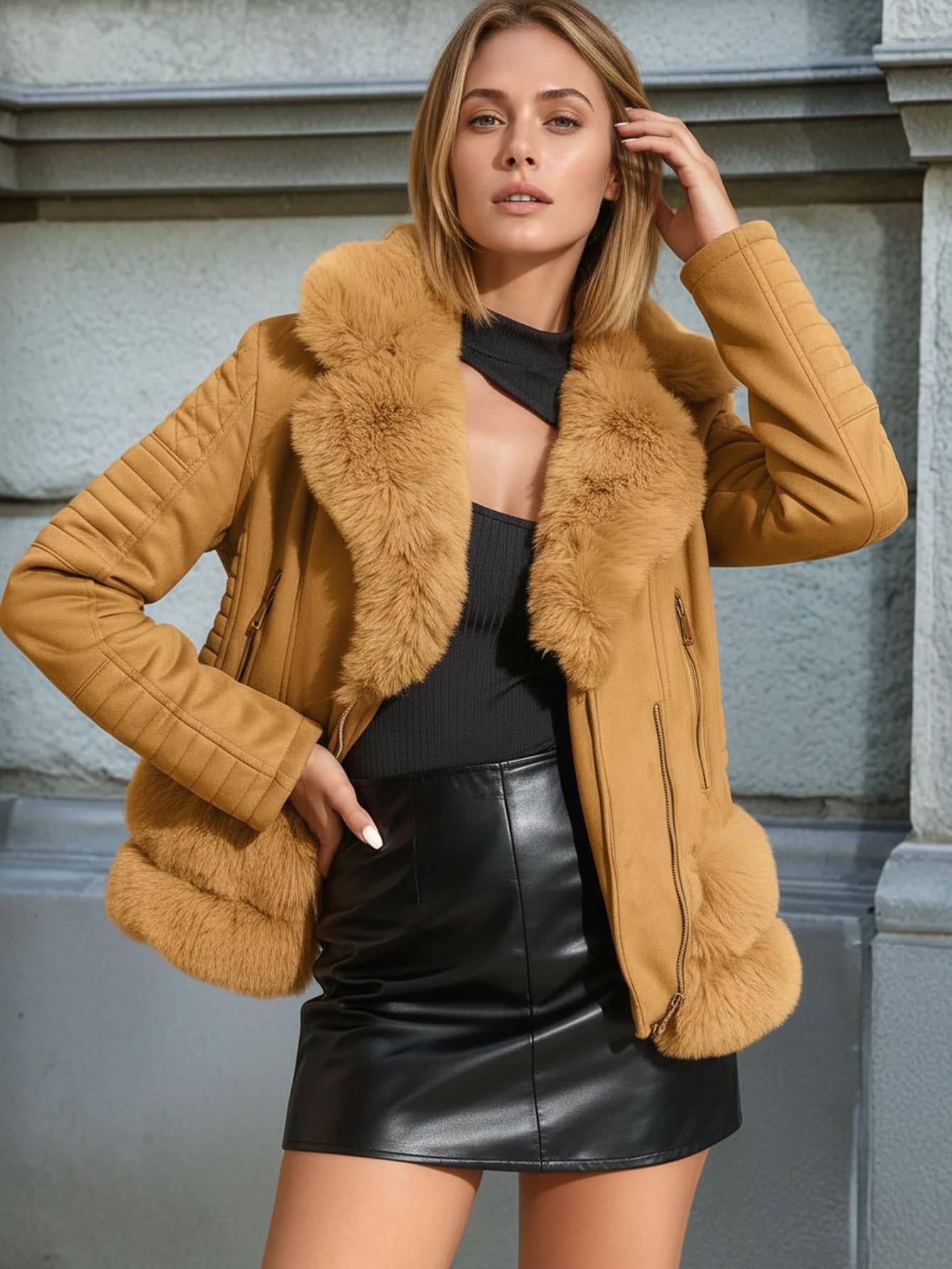 Pallivare Women's Faux Leather Jacket Winter Spring Motorcycle Biker Clothes Outfits Sherpa-Lined Coat with Removable Fur Collar 8831-a Yellow L