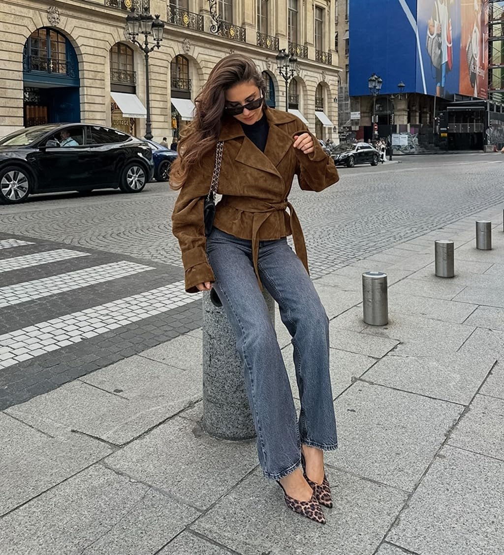 RISCUYY Suede Jacket Women Brown Belted Long Sleeve Lapel Button Down Cropped Faux Suede Jacket Women 2025