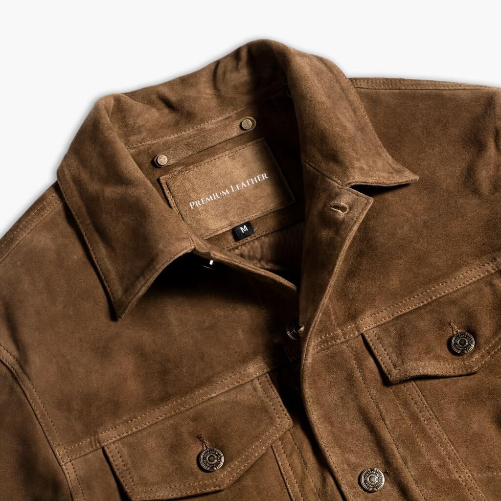 Isaac & David Chicago Vintage Trucker Suede Leather Jacket Men - Denim Biker Cafe Racer Causal Jacket Western Cowboy (US, Alpha, 3X-Large, Regular, Regular, Dusty)